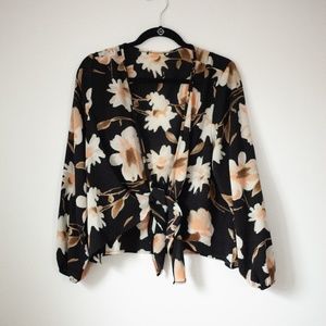 Shein 4xl black floral long sleeve cropped, front tie top
